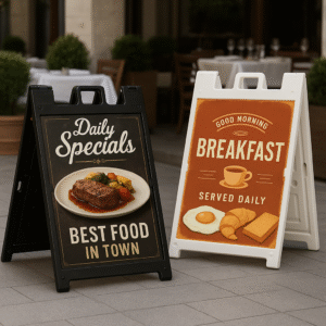 wo custom-printed A-frame sidewalk signs for business advertising, showcasing high-quality full-color graphics and professional design printing.