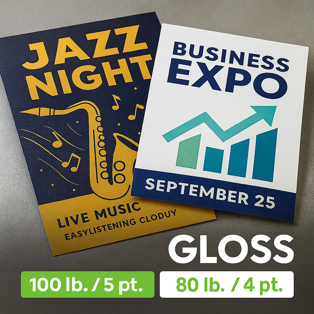 Bulk Gloss Posters – 80 lb. & 100 lb. Options Bulk Posters – 80 lb. / 4 pt. Gloss Book and 100 lb. / 5 pt. Gloss Book stacked side by side