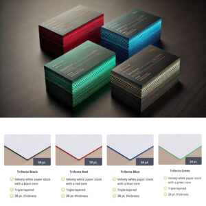 Thick Trifecta Business Cards in red, green, blue, and black with triple-layered edges and a smooth matte finish.
