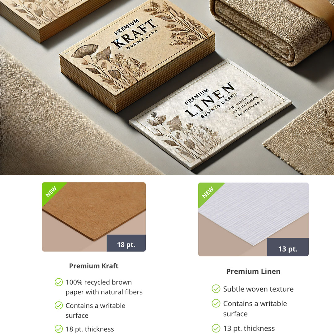 Premium Kraft & Linen Business Cards – Textured & Elegant Premium Kraft and Premium Linen business cards displayed side by side, showcasing their distinct textures and elegant designs.