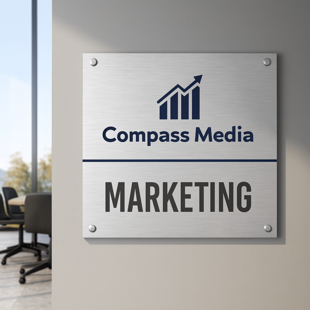 Custom Brushed Aluminum Board Office Sign Printing – Logo & TextChatGPT Image Aug 14, 2025 at 01_18_50 AM Custom brushed aluminum office sign with logo and text – printed by Pixiland Studios Graphics.