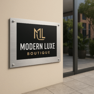 Rectangular brushed aluminum sign mounted on an indoor wall, featuring a sleek modern business design with sharp corners and four visible mounting screws.