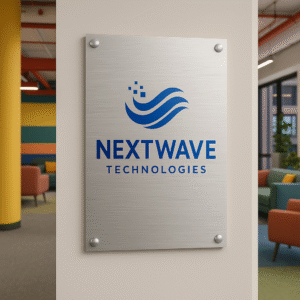 Rectangle brushed aluminum board office sign for a tech company in a vibrant modern workspace.