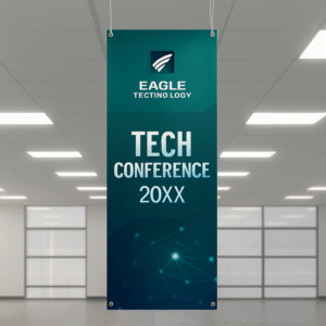 Vertical custom-printed indoor banner hanging in a modern office, featuring clean geometric designs and a sleek tech-inspired color palette.