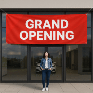 Large custom-printed banner displayed above a storefront entrance, showcasing bold text and vibrant colors.