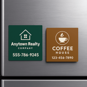 Two square business card magnets displayed on a fridge door, featuring coffee shop and real estate designs.