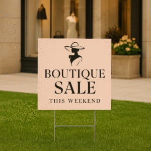 Luxury boutique sale yard sign on a manicured lawn in front of an upscale storefront