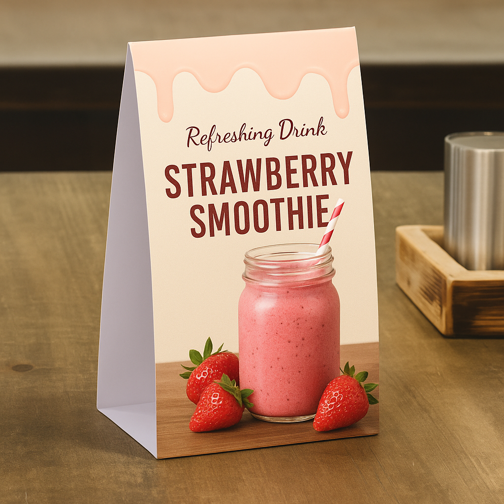 Custom Printed Table Tents – Perfect for Menus, Specials & Promotions Table tent displaying a strawberry smoothie design with vibrant fruit imagery and text promoting refreshing drinks.