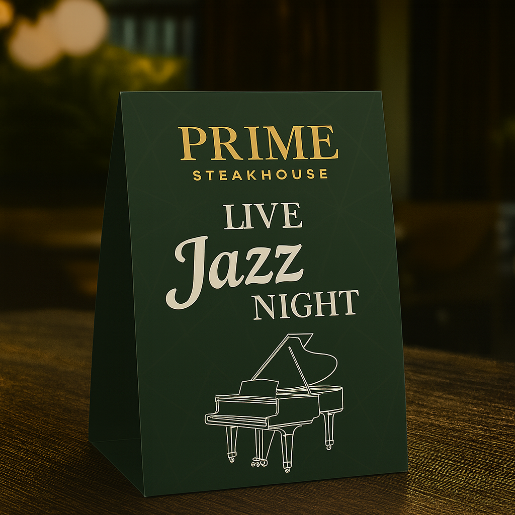 Square Table Tent – Music Event Promotional Design Square table tent with a centered design promoting an instrumental music night, displayed on a wooden surface.