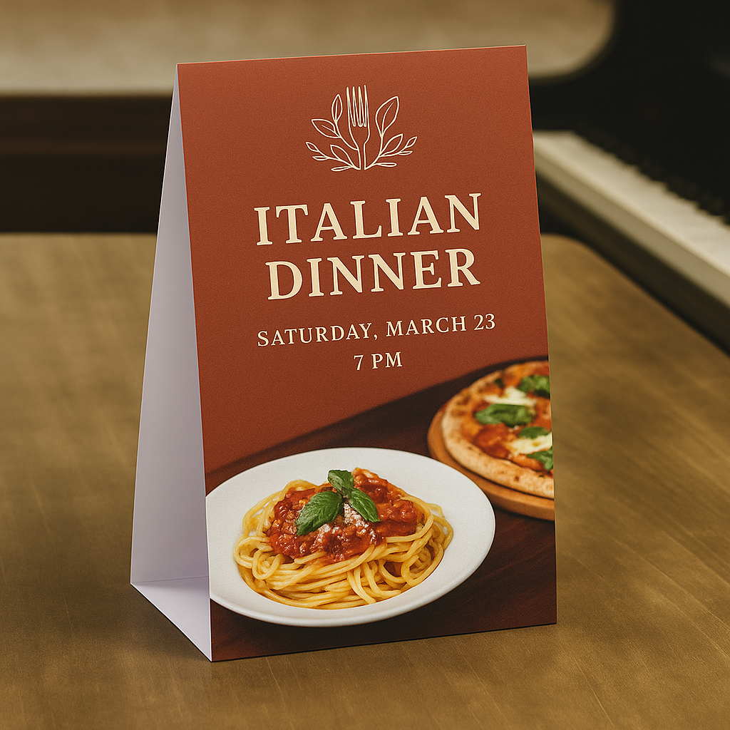 Italian Dinner Event Table Tent Design This square table tent showcases a stylish, centered design with vibrant colors, printed on durable cardstock for professional presentation. Perfect for promoting instrumental music nights, wine tastings, drink specials, or any restaurant or event highlight. Table tents are a versatile marketing tool for cafes, bars, and event venues, providing an eye-catching display right on the table.