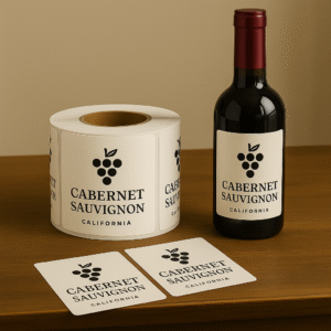 Wine bottle with custom rectangular label and matching roll of wine labels – PixiLand Studios Graphics.