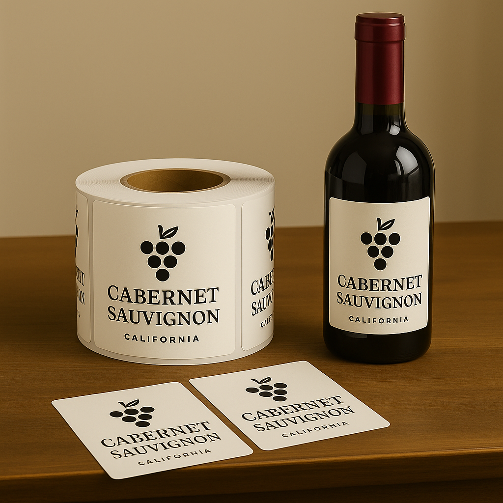 Custom Wine Bottle Labels on Roll | PixiLand Studios Graphics Wine bottle with custom rectangular label and matching roll of wine labels – PixiLand Studios Graphics.