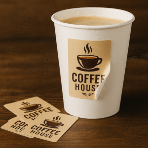 Disposable coffee cup with custom rectangular sticker design – PixiLand Studios Graphics.