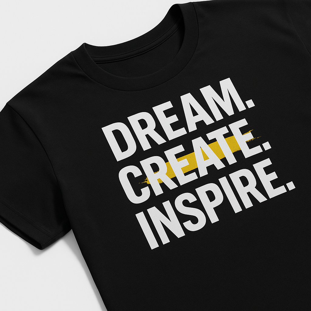 Dream Create Inspire – Motivational T-Shirt Design Black t-shirt with bold motivational text “Dream. Create. Inspire.” in white and yellow