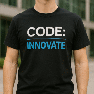 Black tech t-shirt with the text “CODE: INNOVATE” in white and blue