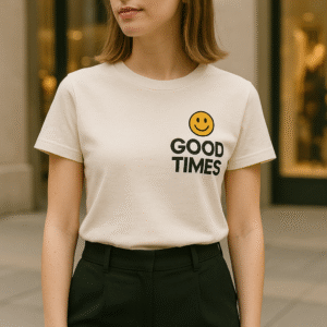 Woman’s luxury fashion t-shirt with “Good Times” text and smiley logo