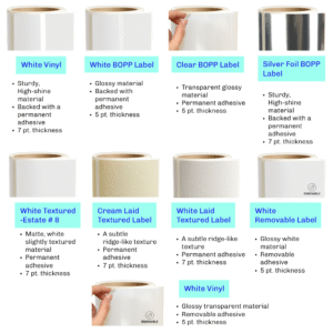 Eight rolls of label materials displayed on a blue background