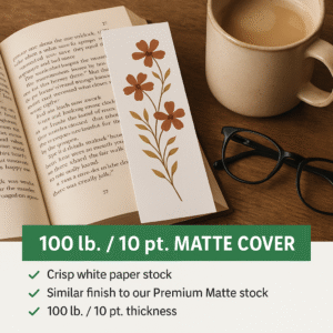 Custom 100 lb. / 10 pt. matte cover bookmark placed inside an open book on a rustic wooden table.