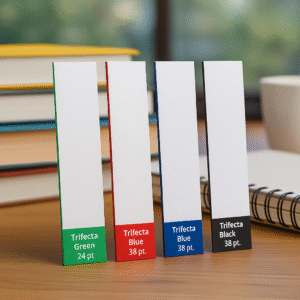 Four premium Trifecta bookmarks in green, black, red, and blue, displayed on books with a school and college vibe.