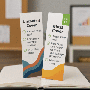 Two business-themed bookmarks side by side, showcasing 14 pt. Uncoated Cover and 14 pt. Gloss Cover with distinct finishes.