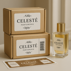 Luxury perfume packaging with custom rectangular stickers and branded perfume bottle – PixiLand Studios Graphics.